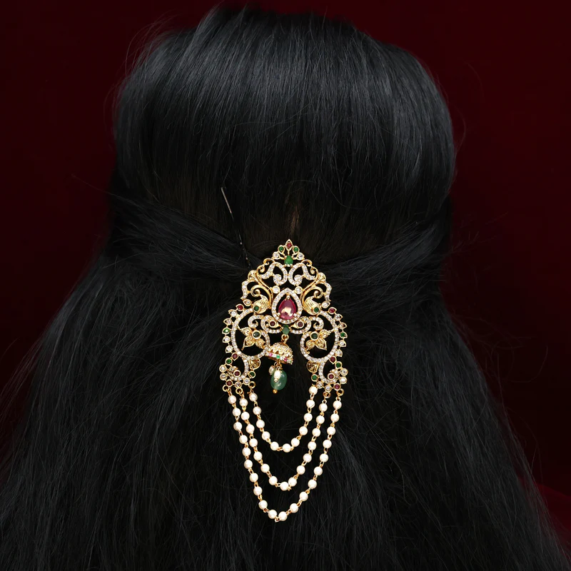 Gold Tone 3 Layer Pearl AD Kundan Hair Pin
